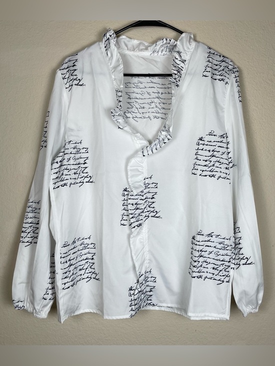 Source Unknown Tops - Women’s V-Neck Women’s White Ruffled Script Print Blouse - L